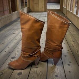 Zodiac 🔥rArE 💰Vintage USA 🤑Knee High Boots Cognac‎ Faux Leather BOHO FAIRY-9